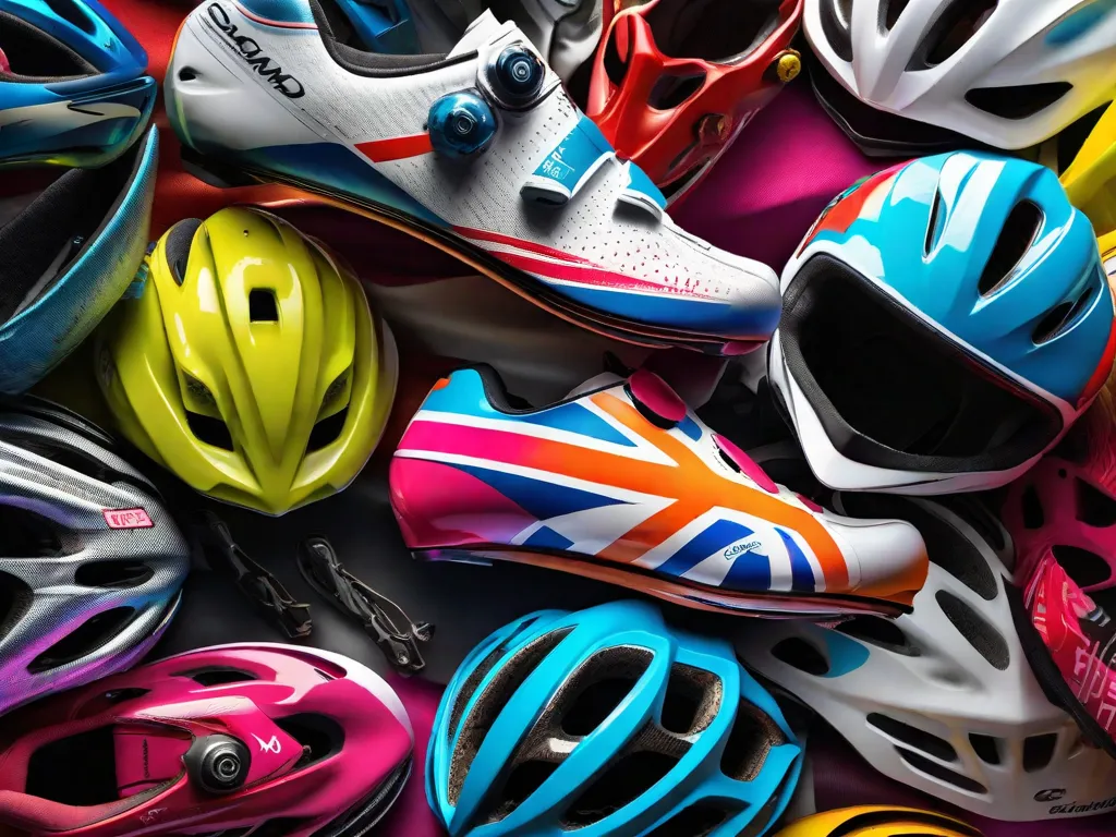 Uma imagem em close-up de um par de sapatos de ciclismo novinhos em folha, brilhantes e amarrados, prontos para pegar a estrada. Os sapatos estão cercados por um cenário de camisetas coloridas de ciclismo e capacetes, simbolizando a emoção e a antecipação de embarcar em uma jornada de ciclismo.