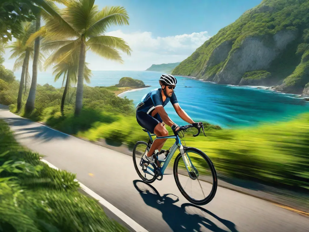 Descrição: Uma imagem vibrante de uma pessoa andando de bicicleta ao longo de uma estrada costeira cênica. O ciclista está rodeado por vegetação exuberante e um céu azul claro, criando uma atmosfera serena e refrescante. Essa imagem representa os benefícios para a saúde do ciclismo, promovendo a forma física, a saúde cardiovascular e o bem-estar mental.