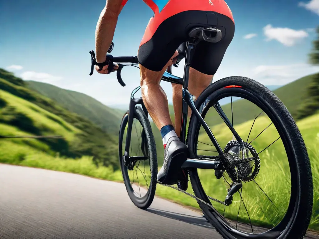 Uma imagem em close-up das pernas de um ciclista pedalando por uma trilha de montanha cênica. A vegetação vibrante e o céu azul ao fundo simbolizam os benefícios mentais do ciclismo, como alívio do estresse e melhora do humor. A expressão concentrada no rosto do ciclista representa os benefícios físicos, incluindo melhora da saúde cardiovascular e fortalec