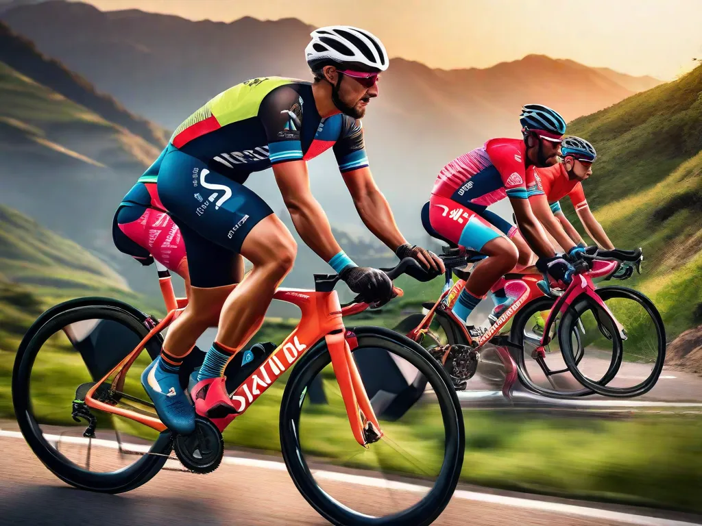 A imagem retrata um grupo de ciclistas pedalando em formação, com seus rostos cheios de determinação e foco. Cada ciclista está vestido com roupas vibrantes de ciclismo, mostrando sua união e comprometimento em treinar juntos. O cenário ao fundo mostra uma paisagem pitoresca, simbolizando a jornada compartilhada e camaradagem dentro da comunidade de ciclismo.