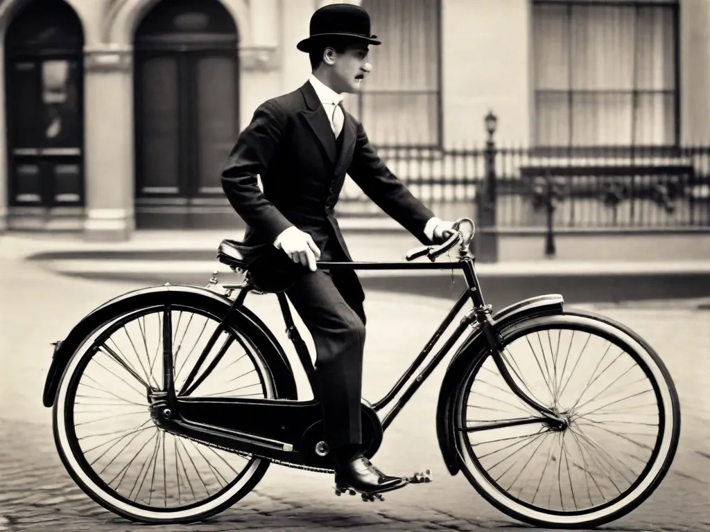 Descrição da imagem: Uma fotografia vintage em preto e branco de um homem andando de bicicleta em uma rua de paralelepípedos. Ele está usando um chapéu coco e um terno, exalando elegância e sofisticação. A bicicleta possui uma roda dianteira grande e uma roda traseira pequena, representando o design inicial do invento.