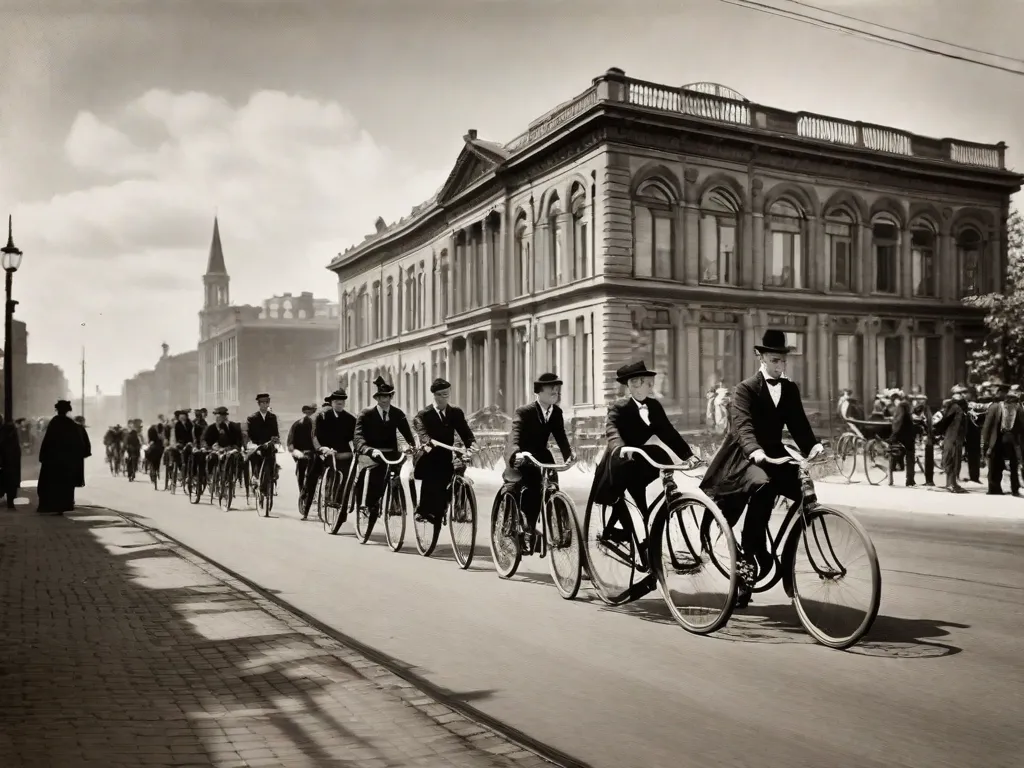 Descrição da imagem: Uma fotografia vintage em preto e branco de um grupo de pessoas andando de bicicleta em uma rua da cidade. Os ciclistas estão vestindo roupas antigas e suas bicicletas possuem rodas dianteiras grandes e rodas traseiras pequenas. A imagem captura os primeiros dias do ciclismo, mostrando a fascinante história das bicicletas.