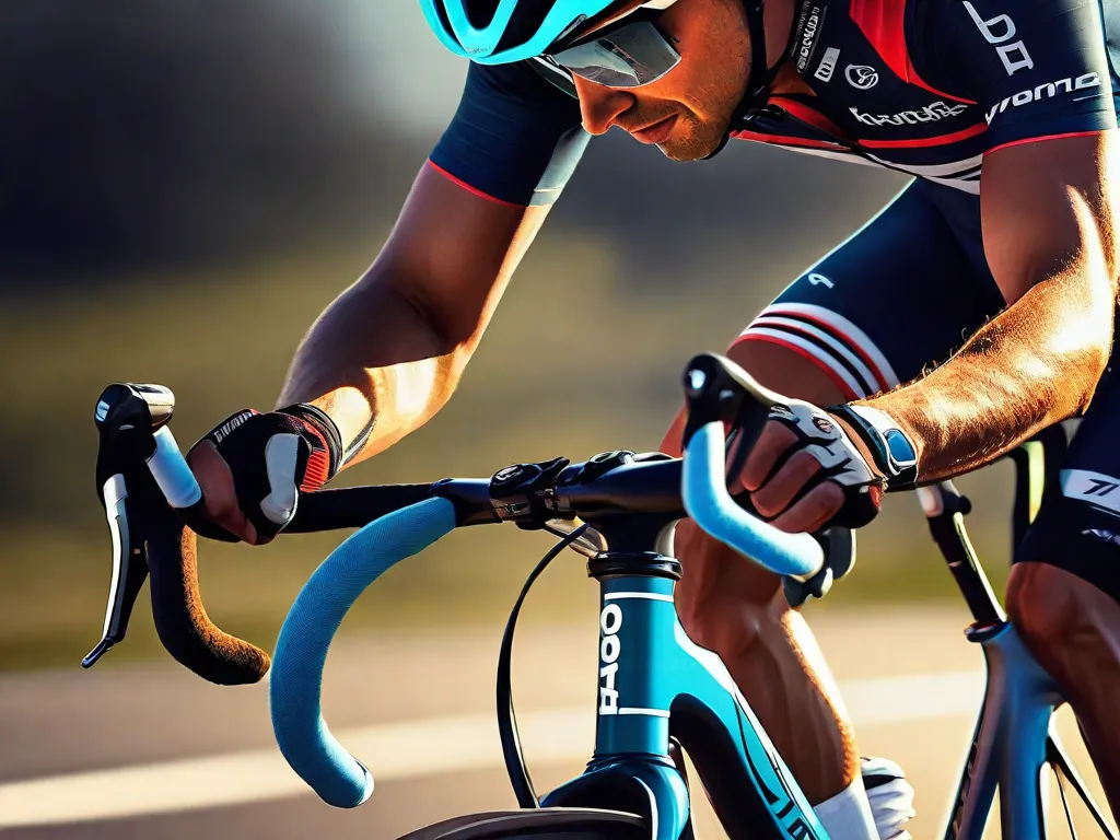 Uma imagem de um ciclista focado nas engrenagens de sua bicicleta, com as mãos ajustando os câmbios. A concentração do ciclista é evidente enquanto ele ajusta finamente as configurações das marchas, mostrando a dedicação e atenção aos detalhes necessários para um passeio suave e eficiente.