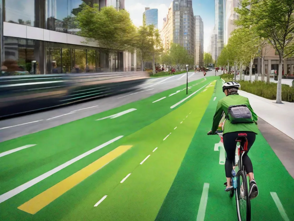Descrição: Uma imagem de uma vibrante rua da cidade, com um ciclista deslizando graciosamente pela ciclovia. O ciclista, usando capacete e uma jaqueta verde brilhante, exala confiança e alegria enquanto navega sem esforço pelo tráfego. Os prédios ao redor mostram iniciativas ecologicamente corretas, como painéis solares e telhados verdes, enfatizando o