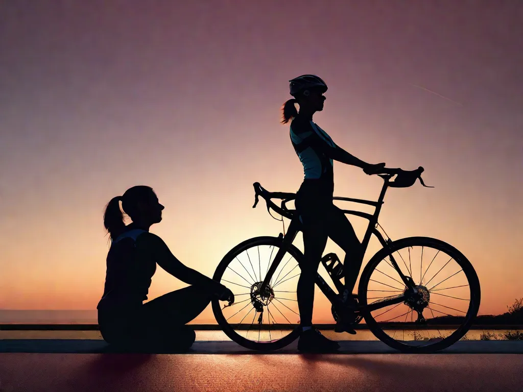 Uma ciclista com roupas aerodinâmicas alonga-se ao lado de sua bicicleta de estrada, destacando-se contra um nascer do sol. Ela está fazendo um alongamento dos isquiotibiais, com uma perna estendida no quadro da bicicleta, inclinando-se para frente com as costas retas, ilustrando a importância da flexibilidade e recuperação no ciclismo.