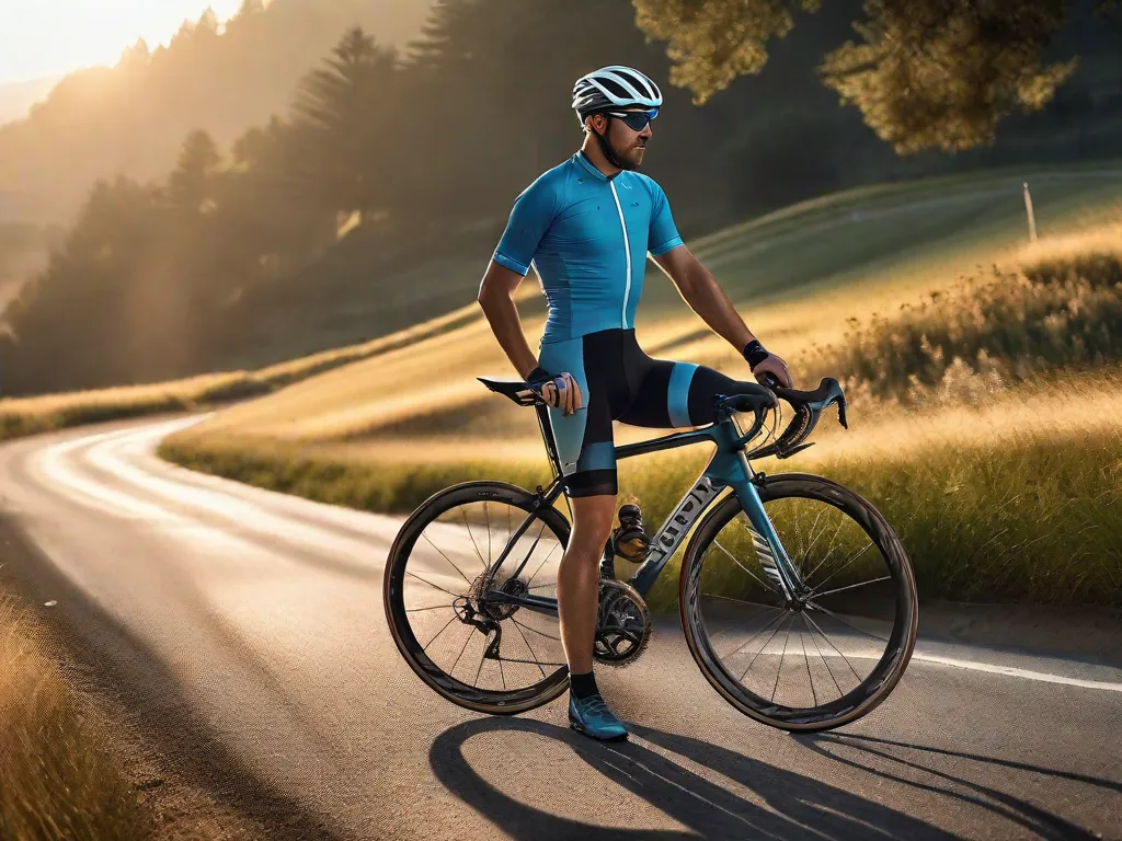 Um ciclista alonga-se ao lado de sua bicicleta de estrada na calma da manhã cedo, realizando um alongamento dos isquiotibiais enquanto se equilibra em uma perna, com o outro pé apoiado no selim da bicicleta. O sol nascente lança um brilho quente sobre uma paisagem serena.