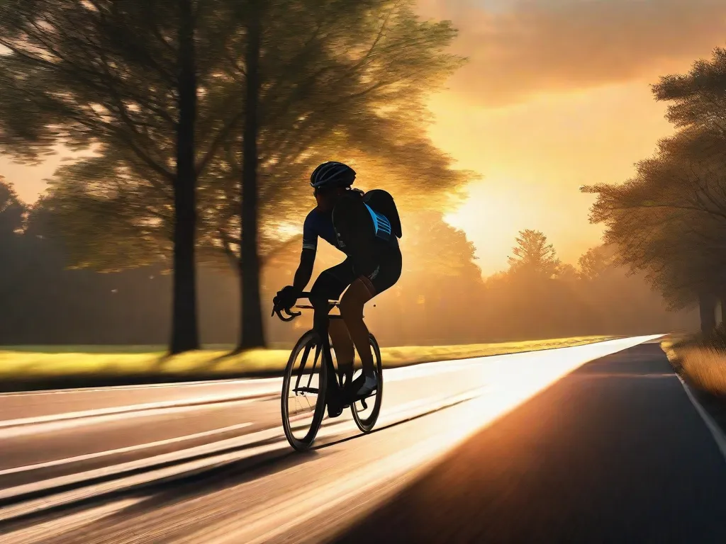 Um ciclista em movimento, recortado contra um nascer do sol, está concentrado e calmo, mantendo um padrão de respiração estável enquanto pedala por uma estrada tranquila, ladeada de árvores. O vapor visível da respiração sincroniza com a virada rítmica das rodas.