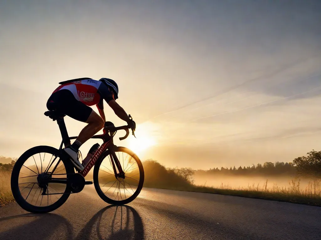 Uma imagem serena de um ciclista adulto em uma estrada tranquila ao nascer do sol, praticando respiração profunda, com os raios dourados do sol destacando a névoa de sua respiração contra o pano de fundo tranquilo da natureza.