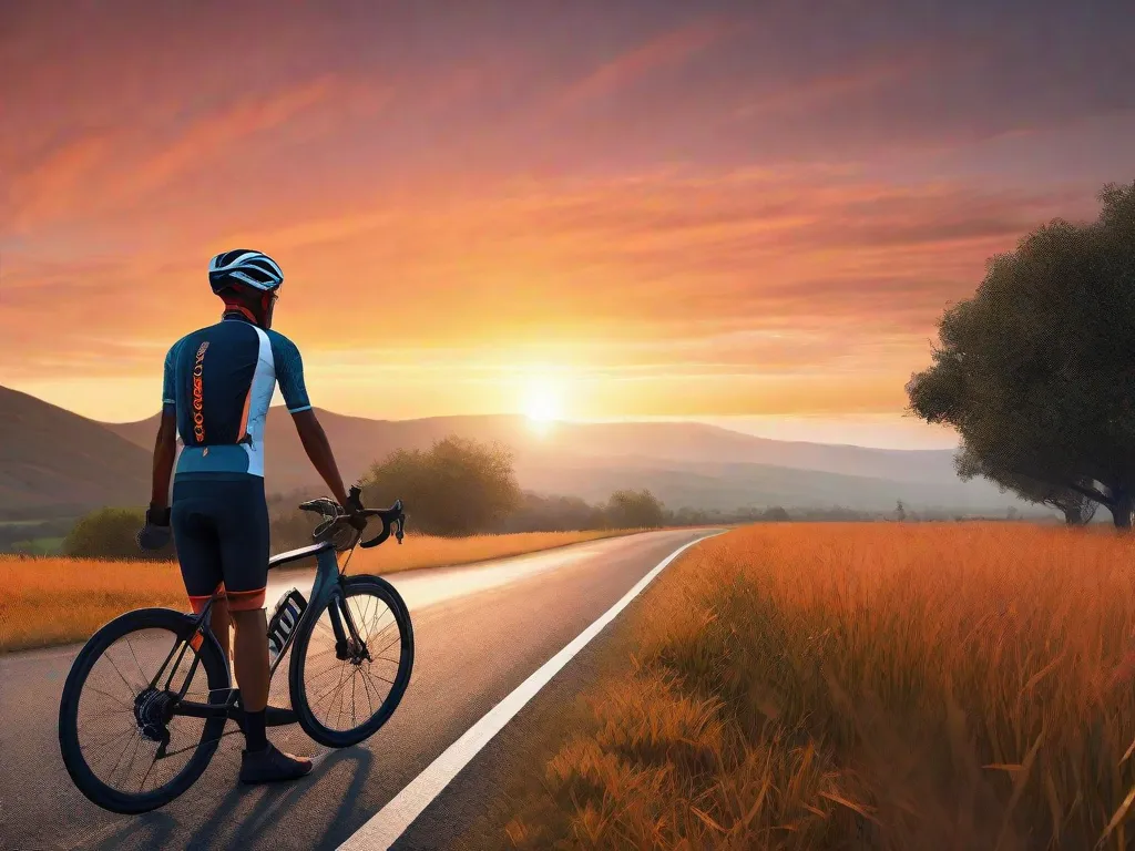 Uma imagem serena de um ciclista adulto parado à beira da estrada ao nascer do sol, respirando profundamente com os olhos fechados, a silhueta delineada contra o céu laranja. A bicicleta está apoiada por perto, e uma paisagem tranquila se estende ao fundo, sugerindo paz e foco em técnicas de respiração.