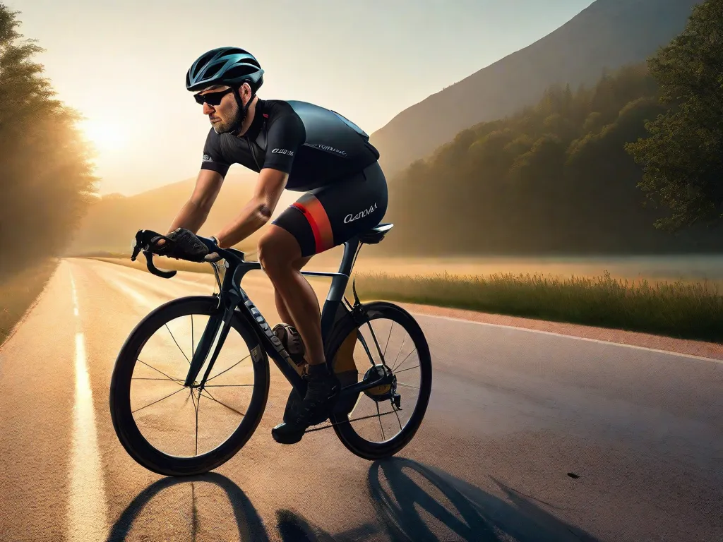 Uma imagem serena de um ciclista adulto em uma estrada tranquila ao amanhecer, em uma posição aerodinâmica, inalando profundamente o ar fresco da manhã com os olhos fechados em concentração, cercado por uma paisagem suavemente beijada pelo sol nascente.