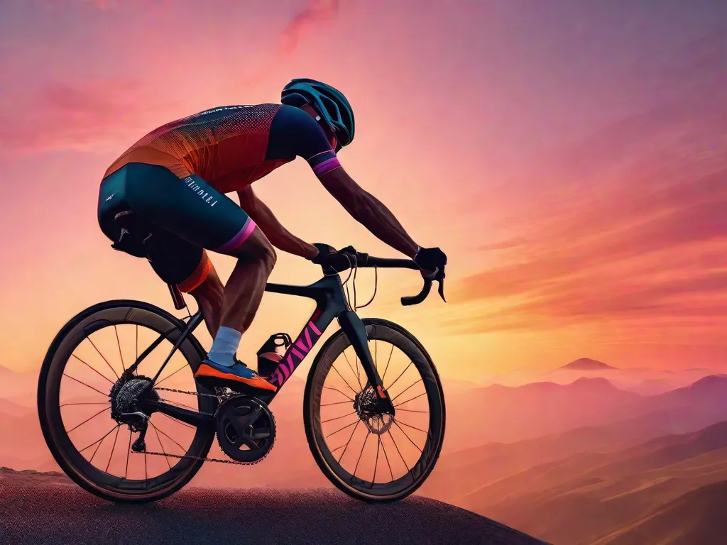 Um ciclista adulto concentrado subindo uma colina íngreme ao nascer do sol, com os músculos das pernas definidos em exibição, demonstrando a força física adquirida com o ciclismo. O pano de fundo apresenta um céu com gradiente de cores laranja e rosa, destacando a serenidade do passeio.