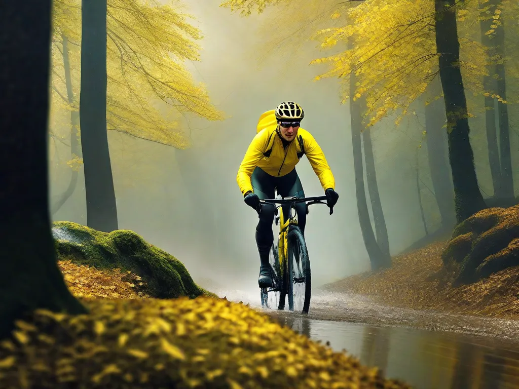 Descrição da imagem: Um ciclista vestindo uma capa de chuva amarela brilhante e calças impermeáveis está pedalando por uma floresta nebulosa. As gotas de chuva reluzem nas folhas e na bicicleta do ciclista enquanto eles navegam pelo terreno molhado e escorregadio com confiança e determinação.