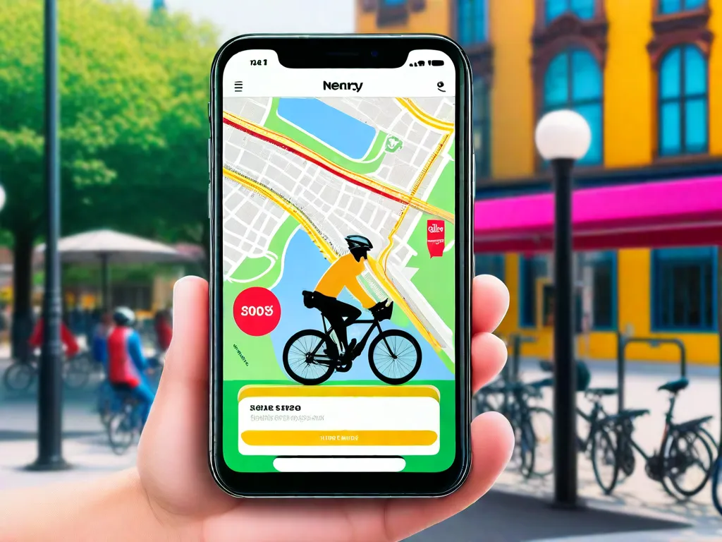Uma imagem mostrando um ciclista usando um aplicativo móvel para localizar estações de aluguel de bicicletas próximas. O ciclista está segurando um smartphone com um mapa exibido, enquanto ao fundo, várias estruturas coloridas de suporte para bicicletas podem ser vistas, simbolizando a conveniência e acessibilidade dos serviços de compartilhamento de bicicletas.