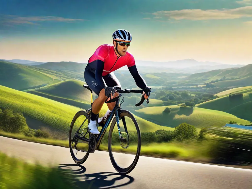 Descrição: Uma imagem vibrante de um ciclista pedalando por uma paisagem campestre pitoresca. O ciclista está vestindo roupas de ginástica e tem uma expressão concentrada, mostrando os benefícios do ciclismo como exercício. A paisagem pitoresca com colinas ondulantes e um céu azul claro aumenta o apelo dessa atividade saudável e revigorante.