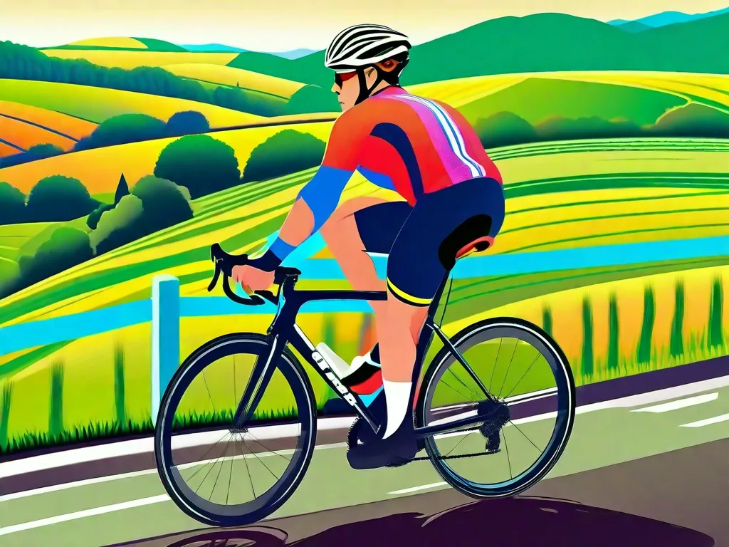 Descrição: Uma imagem vibrante de um ciclista pedalando por uma paisagem pitoresca no campo. O ciclista está vestindo uma camisa colorida de ciclismo e um capacete, com uma expressão determinada no rosto. O cenário mostra colinas ondulantes, campos verdes e um céu azul claro, simbolizando a jornada da vida e a inspiração encontrada no ciclismo.