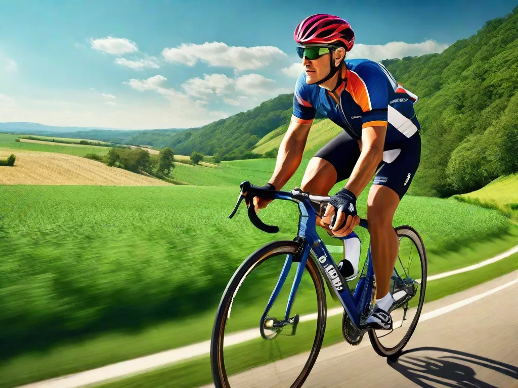 Descrição: Uma imagem vibrante de um ciclista pedalando por uma paisagem pitoresca no campo, cercado por campos verdejantes e um céu azul claro. A expressão determinada do ciclista reflete a energia de seus sonhos, enquanto embarcam em uma jornada de autodescoberta e realização.