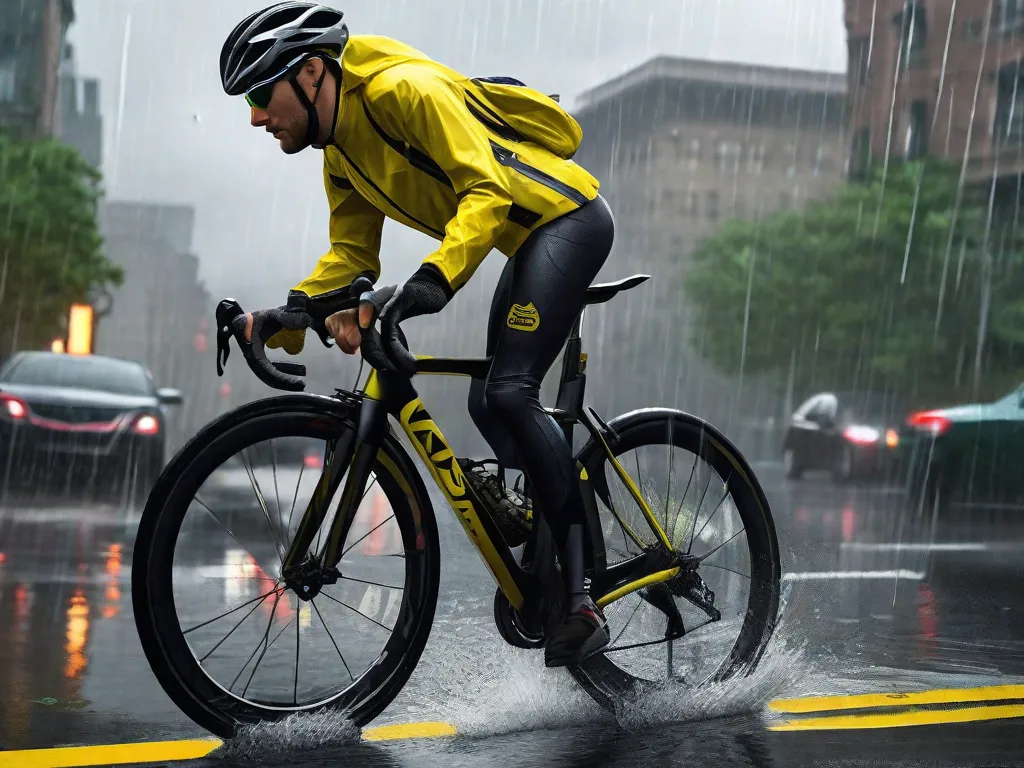 Descrição da imagem:
Um ciclista está pedalando por uma floresta pitoresca, cercado por árvores verdes exuberantes. A chuva está caindo, criando uma atmosfera nebulosa. O ciclista está usando uma jaqueta e calça impermeáveis, com gotas de água brilhando no tecido. Sua expressão concentrada mostra determinação e prazer, apesar das condições clim