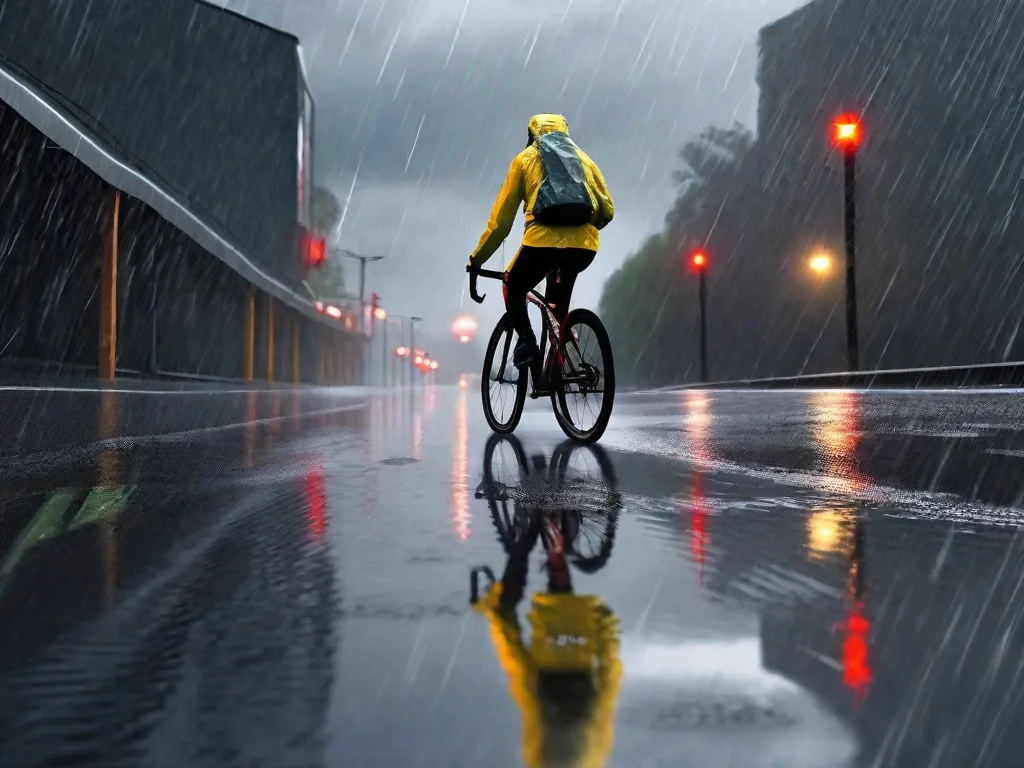 Um ciclista solitário, vestido com uma jaqueta impermeável refletiva, pedala por uma ciclovia urbana molhada. Gotas de chuva salpicam as poças no chão, e as luzes da bicicleta refletem na superfície escorregadia. Nuvens escuras pairam no céu, ressaltando a importância da visibilidade e da navegação cuidadosa em condições