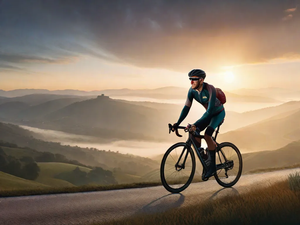 Um ciclista atinge o topo de uma colina ao nascer do sol, respirando profundamente, com um cenário de vale ao fundo. A postura do ciclista é ereta, enfatizando a expansão dos pulmões, enquanto o ar nebuloso sugere oxigênio fresco e limpo preenchendo seus pulmões.