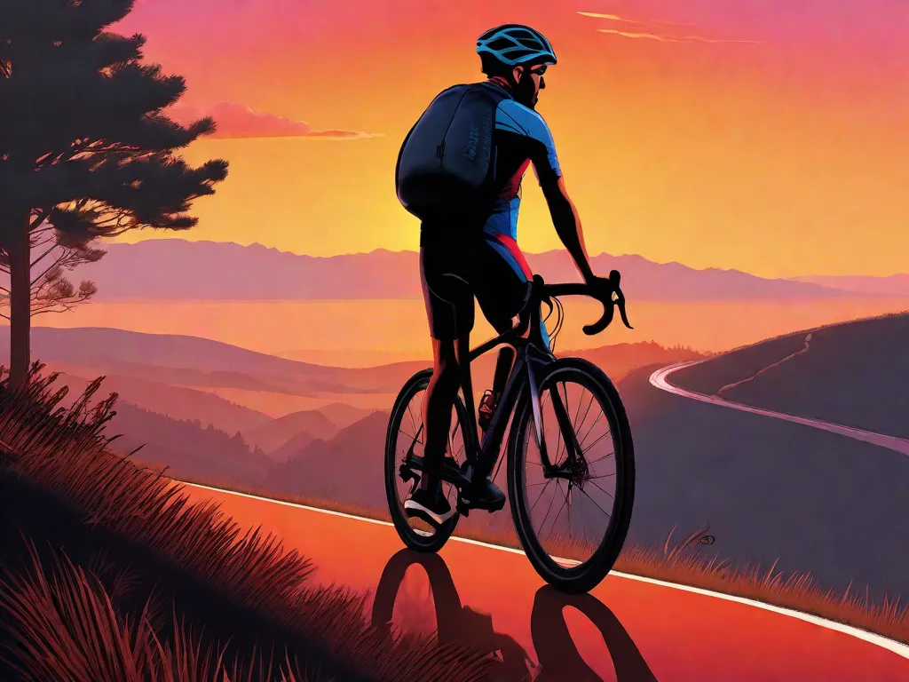 Um ciclista está em pé no topo de uma colina, recortado contra um pôr do sol ardente. Sua bicicleta está deitada ao lado dele, e ele está enxugando o suor da testa, olhando para uma estrada sinuosa que desaparece em colinas ondulantes à frente, personificando a perseverança necessária para superar os desafios físicos e mentais do cic