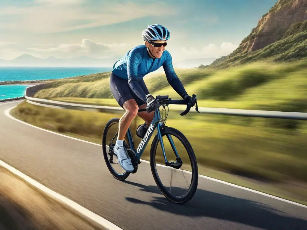 Uma imagem de uma pessoa de meia-idade vestindo roupas de ciclismo, confiantemente pedalando uma bicicleta ao longo de uma estrada costeira cênica. A postura da pessoa e a expressão determinada transmitem os benefícios do ciclismo para a forma física e prevenção de doenças. O ambiente vibrante simboliza um estilo de vida saudável e ativo.