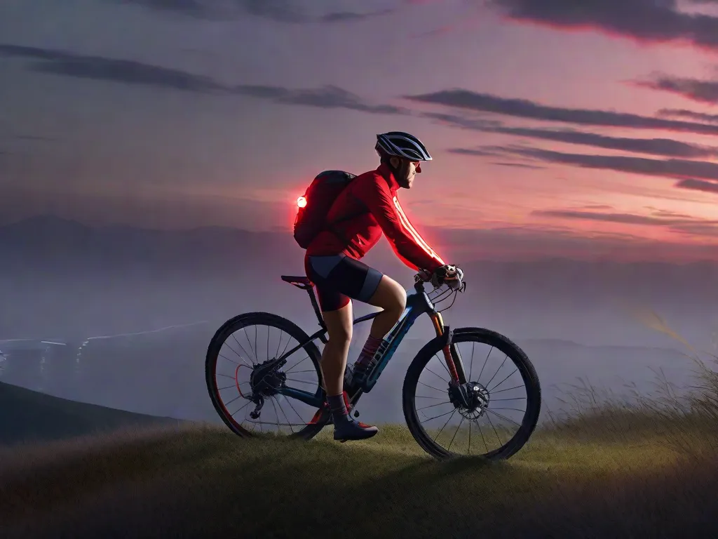 Um ciclista pedalando ao crepúsculo com uma potente lanterna LED fixada no guidão, projetando um feixe de luz concentrado no caminho à frente. A luz traseira vermelha da bicicleta pisca para visibilidade, e tiras refletivas no capacete e na roupa do ciclista brilham na luz que vai desaparecendo.