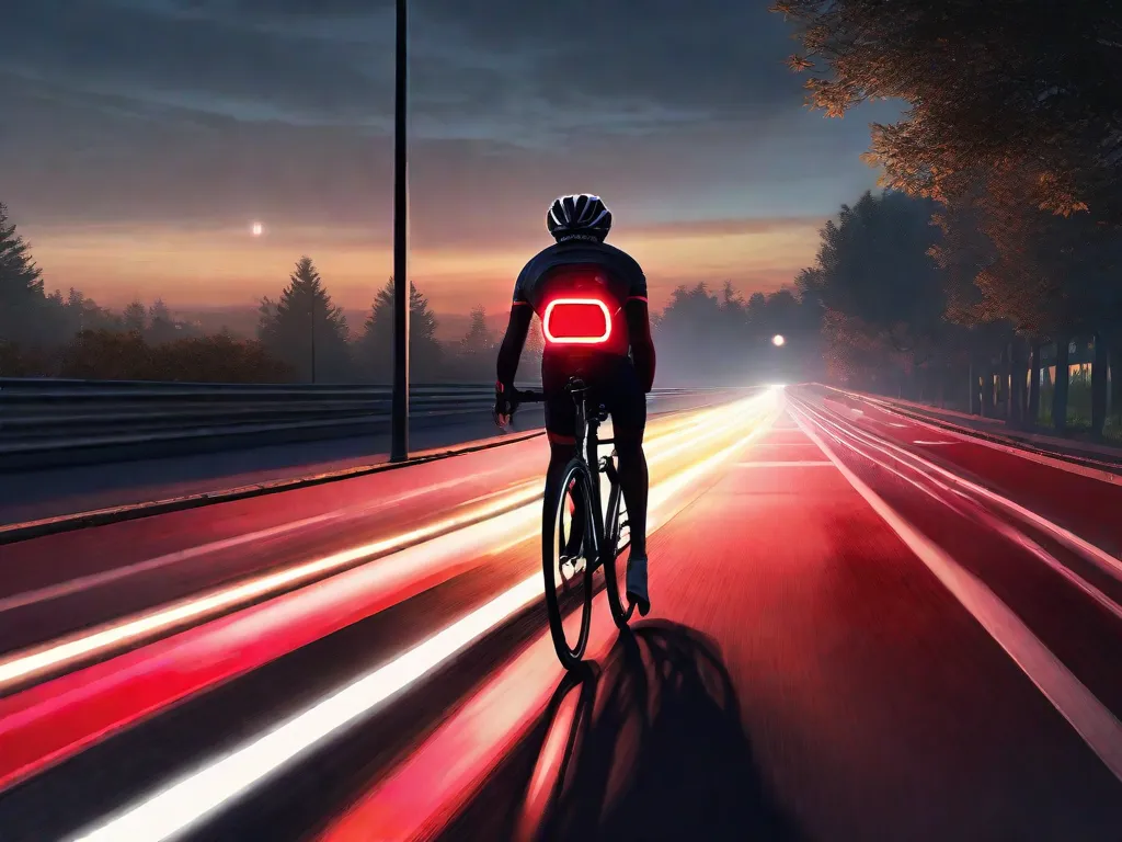 Um ciclista solitário pedala no crepúsculo, com uma intensa luz de LED na frente cortando a luz que diminui e uma luz traseira vermelha piscando para visibilidade. As luzes criam um halo de segurança ao redor da bicicleta em uma trilha urbana para bicicletas ao entardecer.
