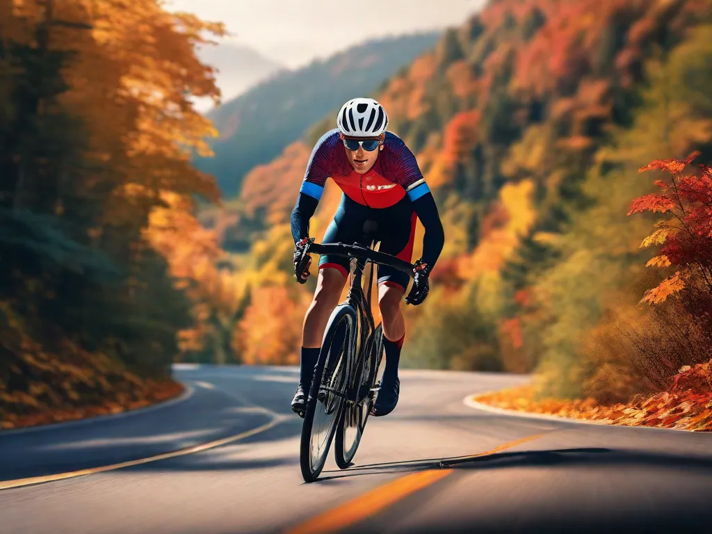 Descrição da imagem: Um close-up de um ciclista inclinando-se em uma curva fechada em uma estrada de montanha cênica. O corpo do ciclista está inclinado para o lado, mostrando sua habilidade técnica em manobrar a bicicleta. A vibrante folhagem de outono ao fundo adiciona um toque de beleza natural à imagem.