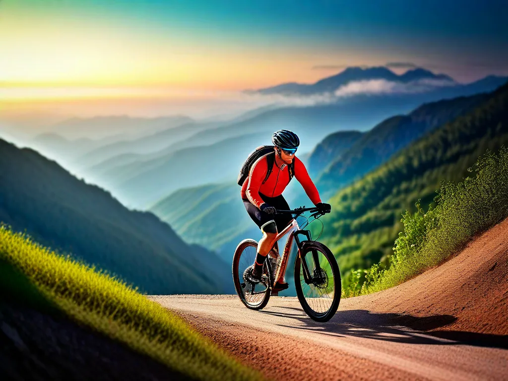 Uma imagem de um ciclista conquistando uma trilha íngreme de montanha, com uma expressão determinada em seu rosto, mostrando o tema de construir confiança e praticar em vários terrenos.
