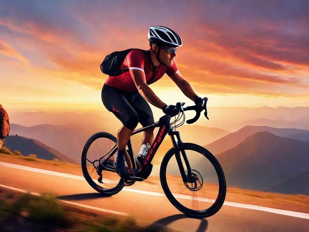 Descrição da imagem: Um ciclista é visto subindo uma estrada íngreme de montanha, com determinação e foco. A estrada simboliza os desafios que enfrentamos na vida, enquanto o ciclista representa nossa capacidade de superá-los. Ao longe, um belo pôr do sol significa a sensação de realização e plenitude que vem ao equilibrar desafios e conquistas com sucesso.