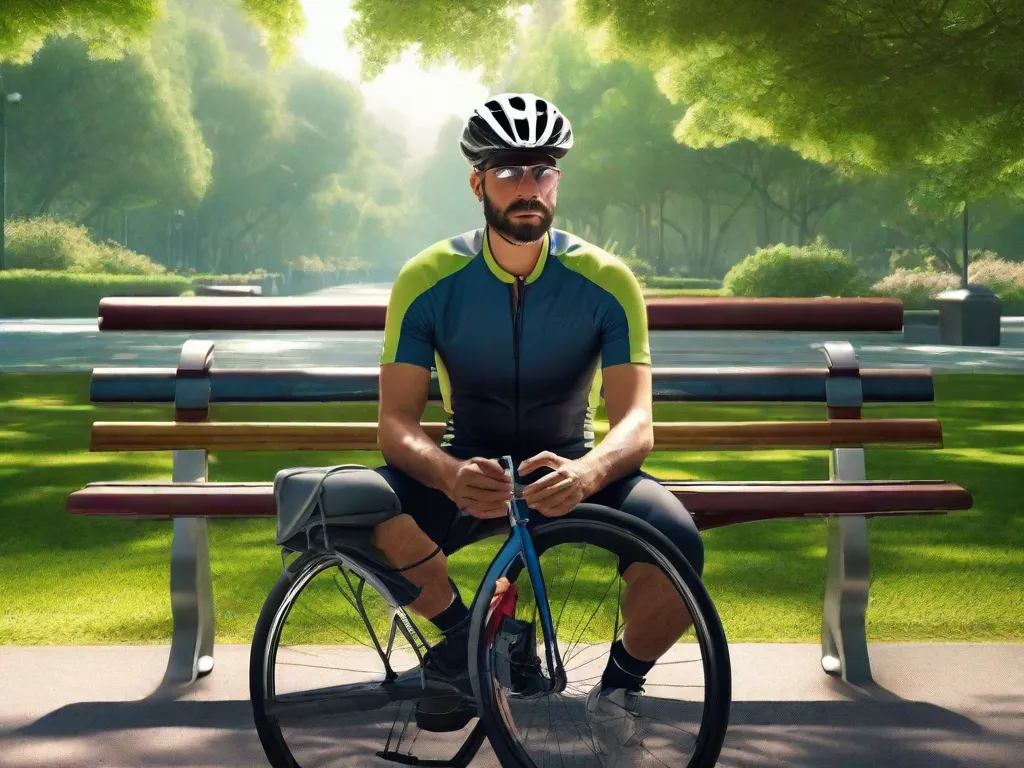 Uma imagem de um ciclista adulto descansando em um parque sereno, sentado ereto em um banco com os olhos fechados, as mãos repousando suavemente no abdômen, ilustrando uma respiração diafragmática profunda com um pano de fundo de vegetação exuberante e uma bicicleta estacionada ao lado.