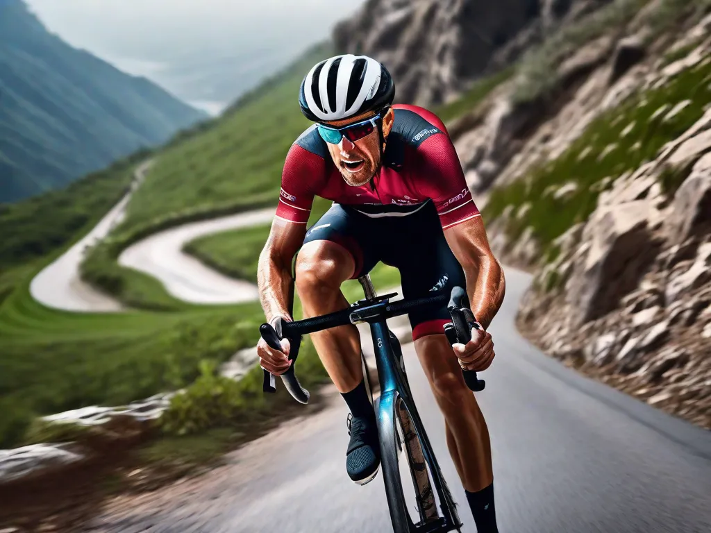 Descrição: Uma imagem em close-up de um ciclista pedalando furiosamente em uma estrada íngreme de montanha, com suor escorrendo pelo rosto. A intensa determinação em seus olhos e o esforço de seus músculos capturam perfeitamente o conceito de incorporar intervalos de alta intensidade no treinamento para um desempenho ótimo.