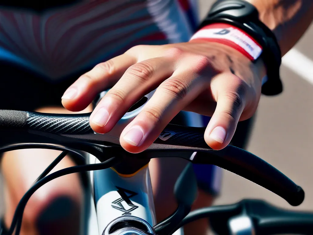 Uma imagem em close-up da mão de um ciclista segurando firmemente o guidão, mostrando determinação e resiliência. Os nós dos dedos estão brancos devido ao esforço, simbolizando o comprometimento inabalável de continuar pedalando mesmo diante de desafios íngremes e difíceis.