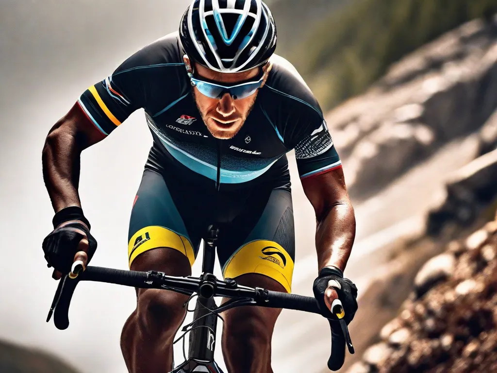 Uma imagem em close-up do rosto determinado de um ciclista, coberto de suor, enquanto ele conquista uma subida íngreme na montanha. A intensidade em seus olhos reflete os desafios pessoais que ele superou, simbolizando o triunfo de ultrapassar limites e superar seus próprios limites.