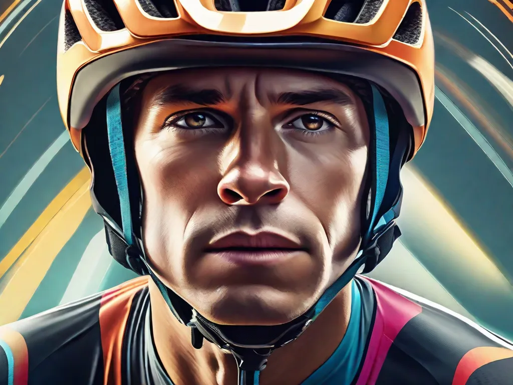 Ilustração: Uma imagem em close-up de um ciclista usando um capacete, com uma expressão determinada no rosto. As cores vibrantes do capacete e a luz do sol refletindo nele simbolizam a importância da segurança ao pedalar.
