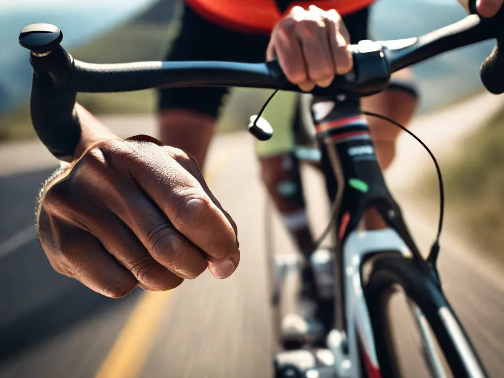 Uma imagem em close do rosto de um ciclista, encharcado de suor e usando uma expressão determinada, enquanto ele conquista uma subida desafiadora. A intensidade em seus olhos reflete a liberação de endorfinas, capturando a emoção e o sentimento de realização que vem ao se superar os próprios limites.