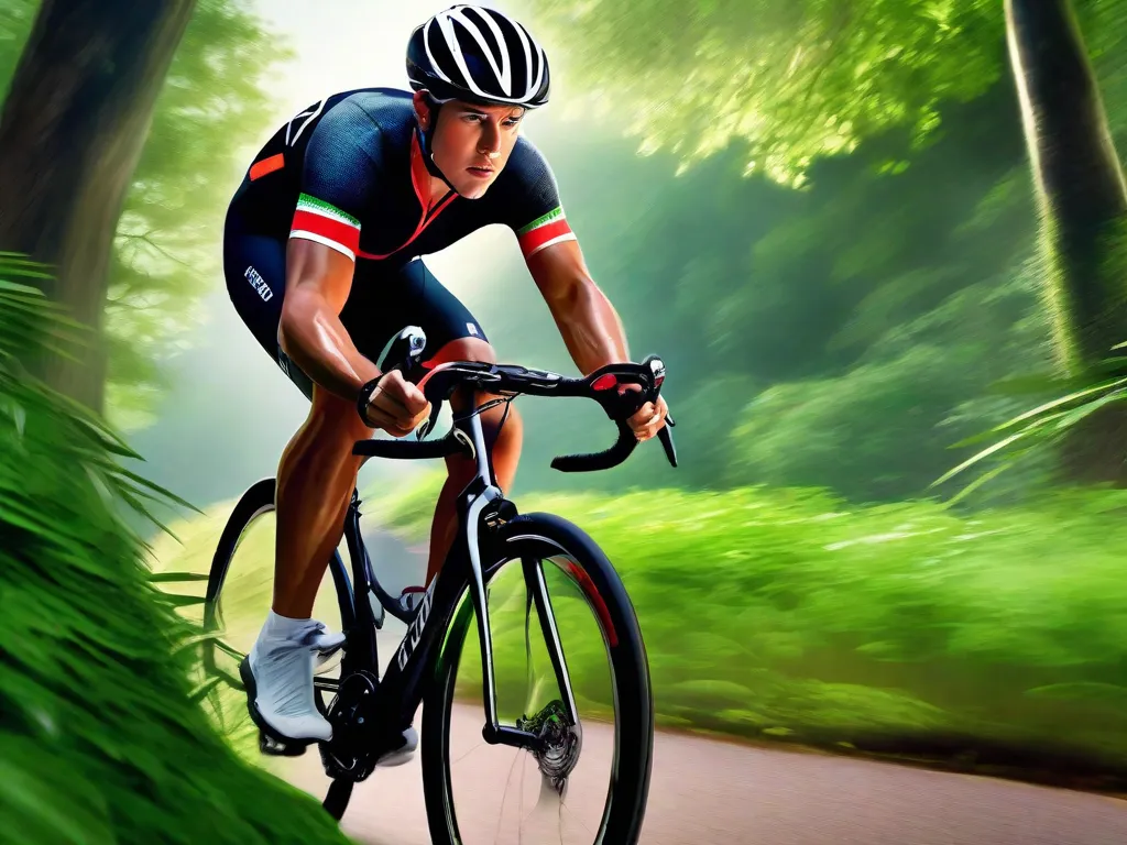 Descrição: Uma imagem de uma pessoa pedalando uma bicicleta morro acima, com determinação e foco. Ela está rodeada por uma vegetação exuberante, simbolizando a jornada em direção ao controle de peso. A forma física forte do ciclista e o suor escorrendo pelo rosto mostram o esforço físico e o comprometimento necessários para manter um peso saudável.