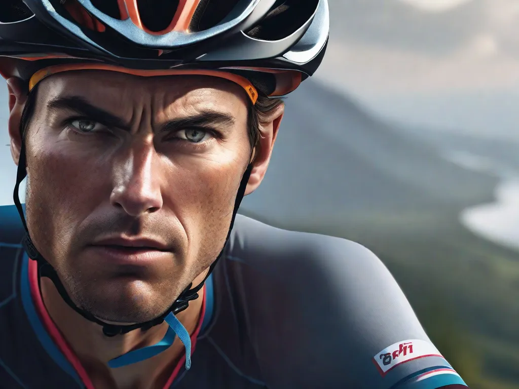 Descrição da imagem: Um close-up do rosto determinado de um ciclista, coberto de suor, enquanto pedala morro acima. O intenso foco nos olhos e a determinação em seu rosto destacam sua motivação inabalável e comprometimento com o ciclismo.