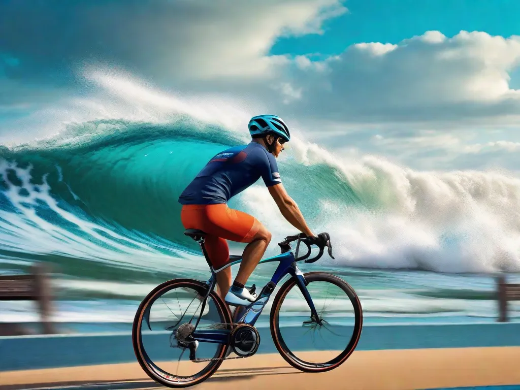 Descrição da imagem: Uma imagem vibrante mostrando uma pessoa andando de bicicleta ao longo de uma estrada costeira cênica. O ciclista está vestindo roupas atléticas e um capacete, exalando uma sensação de energia e determinação. As ondas azuis do oceano batem contra a costa, criando um pano de fundo sereno para esse estilo de vida ativo e saudável para o