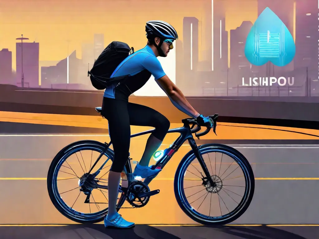 Um ciclista usando um capacete moderno, colete refletor e luvas, está ao lado de uma bicicleta de estrada equipada com luzes LED, um dispositivo GPS e uma garrafa de água em um suporte leve. A bolsa de selim da bicicleta contém uma ferramenta multifuncional, câmara de ar reserva e espátulas para pneus.