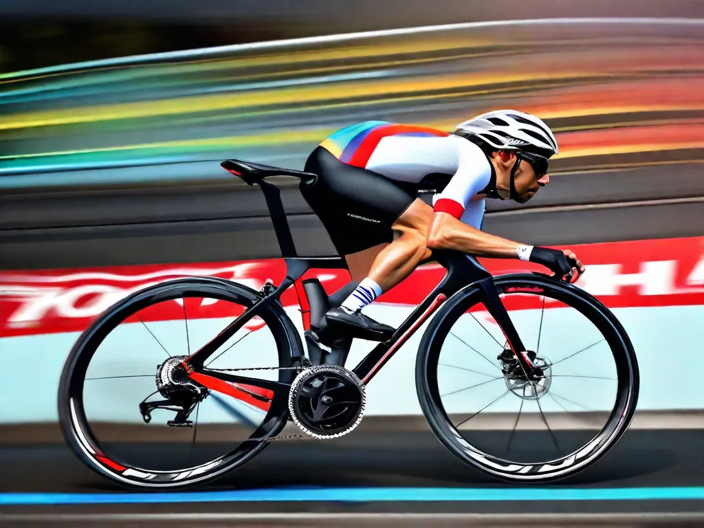 Um ciclista, vestido com uma camisa de ciclismo aerodinâmica e elegante e shorts acolchoados, está posicionado em uma bicicleta de estrada. O traje é complementado por luvas sem dedos, óculos escuros envolventes e sapatos de ciclismo leves e ventilados, tudo isso contra um fundo desfocado de uma estrada sinuosa.
