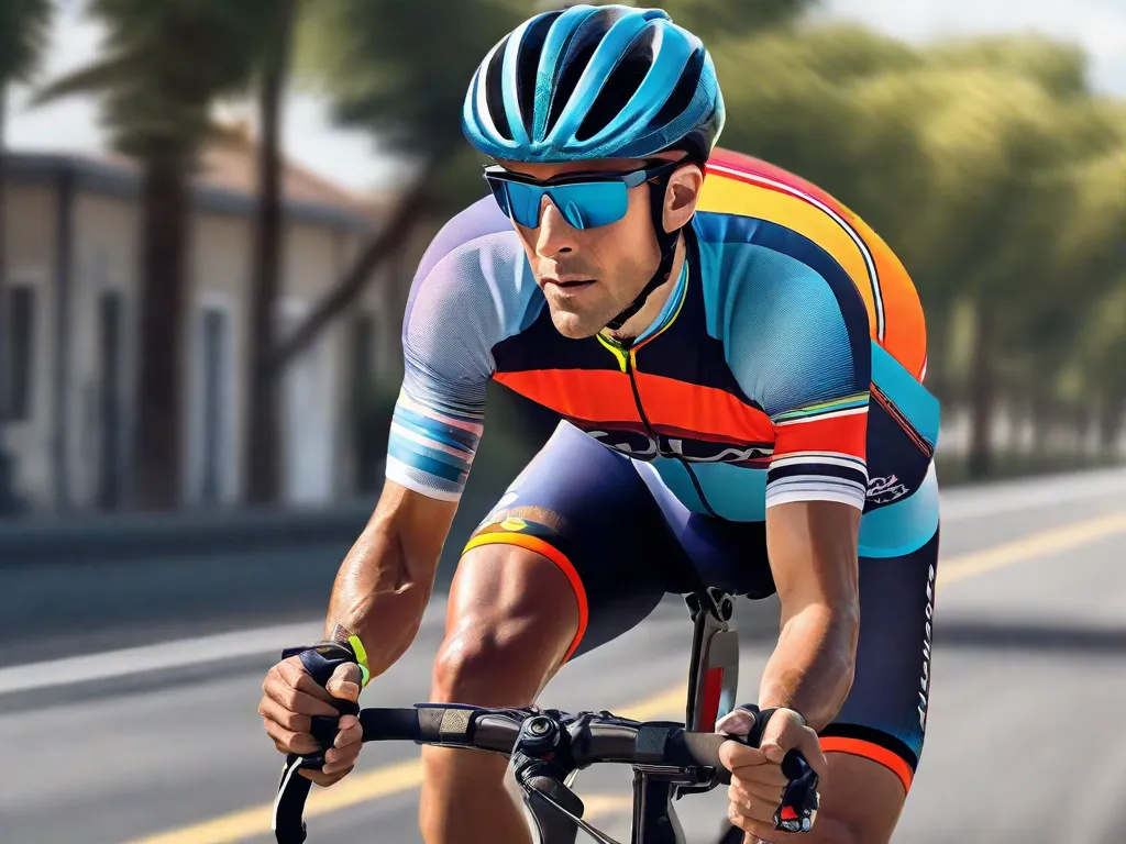 Um ciclista vestindo uma camisa aerodinâmica e de cores vibrantes, shorts acolchoados e um capacete, com um par de óculos de sol e luvas sem dedos, está pedalando uma bicicleta de estrada em uma trilha cênica. Elementos refletivos e um ajuste firme garantem segurança e conforto.