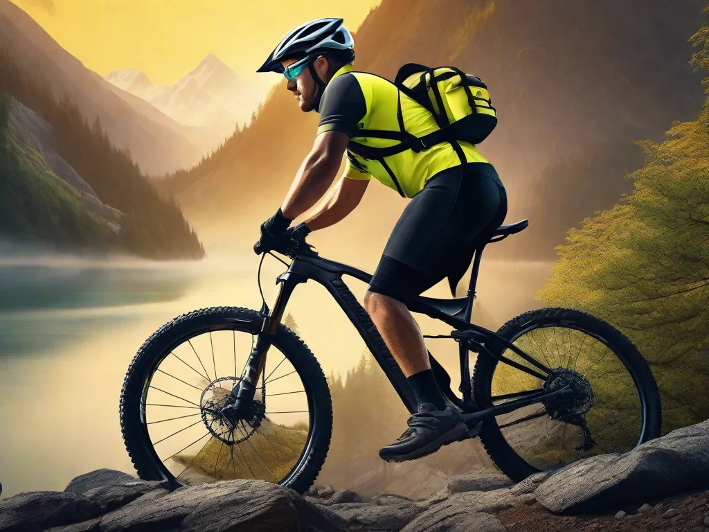 Um ciclista está equipado com um capacete preto fosco, colete refletivo amarelo, luvas e joelheiras, pedalando uma bicicleta de montanha em uma trilha rochosa. O ciclista está usando óculos transparentes, e um pequeno kit de primeiros socorros está preso ao quadro da bicicleta.