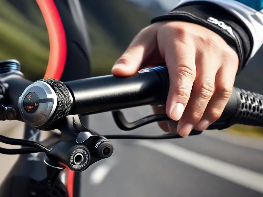 Uma imagem em close da mão enluvada de um ciclista selecionando marchas no guidão de uma bicicleta de estrada, com um fundo desfocado de uma estrada de montanha sinuosa, transmitindo o tema da escolha pessoal nas experiências e equipamentos de ciclismo.