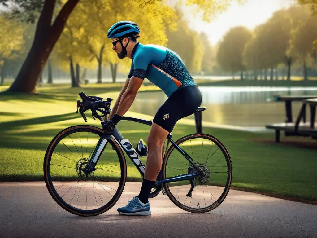 Um ciclista em trajes elegantes se alonga ao lado de sua bicicleta de estrada, tendo como pano de fundo um parque sereno. Eles estão realizando um alongamento de quadríceps em pé, puxando um pé em direção aos glúteos para relaxar os músculos tensos, com um foco e determinação que demonstram sua dedicação ao esporte.