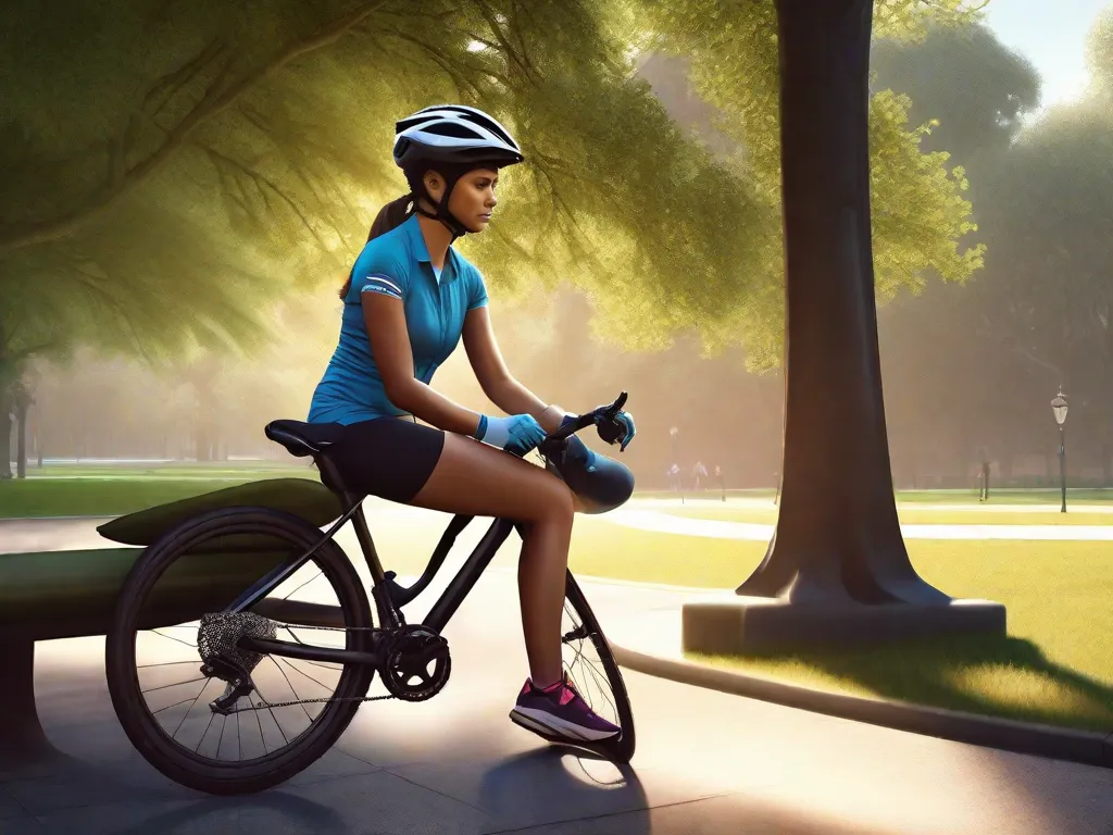 Uma ciclista está ao lado de sua bicicleta em um parque, alongando suavemente os músculos da panturrilha ao pressionar o pé contra um banco. Ela está usando capacete, luvas e roupas esportivas confortáveis, com a luz do sol projetando um brilho quente sobre o cenário externo sereno.