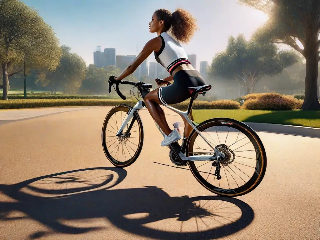 Uma ciclista com roupas aerodinâmicas alonga-se ao lado de sua bicicleta de estrada, destacando-se contra um nascer do sol. Ela está fazendo um alongamento dos isquiotibiais, com uma perna estendida no quadro da bicicleta, inclinando-se para frente com as costas retas, ilustrando a importância da flexibilidade e recuperação no ciclismo.