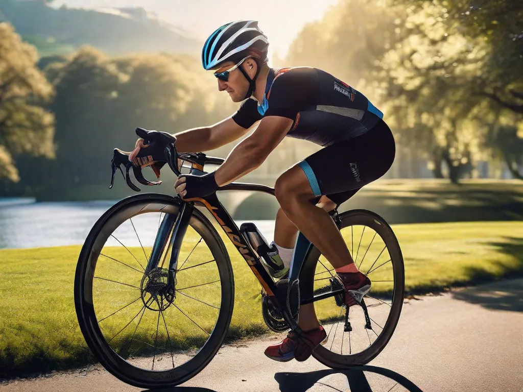 Um ciclista alongando-se ao lado de sua bicicleta de estrada em um parque sereno, com o sol da manhã lançando um brilho suave. O ciclista está usando capacete e equipamento profissional de ciclismo, concentrando-se em relaxar os músculos das pernas antes de partir em sua jornada.