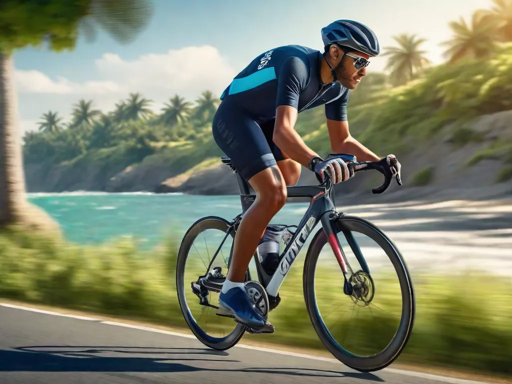 Descrição: Uma imagem de um ciclista pedalando ao longo de uma serena estrada costeira, cercado por vegetação exuberante e um céu azul claro. A postura relaxada do ciclista e sua expressão pacífica transmitem os benefícios físicos e mentais do ciclismo, promovendo um estilo de vida saudável e uma sensação de tranquilidade interior.