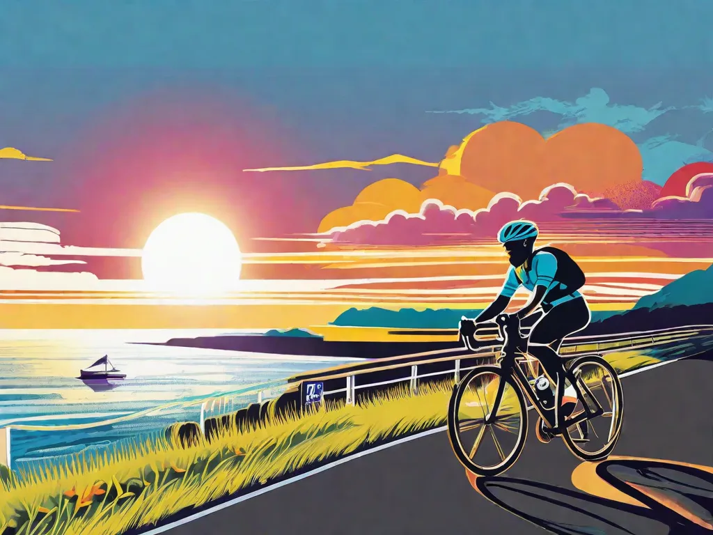Descrição da imagem: Uma imagem vibrante mostrando um ciclista pedalando ao longo de uma estrada costeira cênica. O ciclista está usando um capacete e uma camisa de ciclismo colorida e brilhante. O sol está brilhando intensamente em um céu azul claro, criando uma atmosfera quente e convidativa. A imagem transmite uma sensação de liberdade, aventura e a